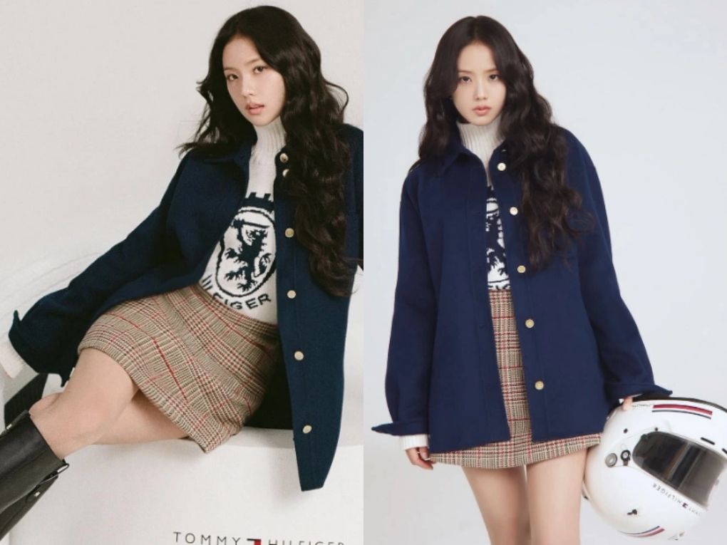 chiếc áo khoác varsity xanh navy phối cùng áo len in logo kinh điển