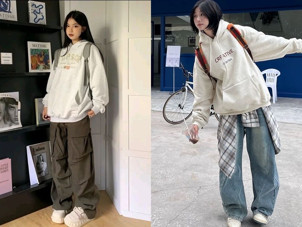 Hoodie oversize + quần jeans basic