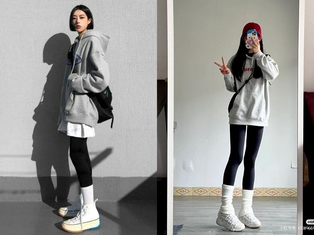 Hoodie oversize + quần legging ôm dáng