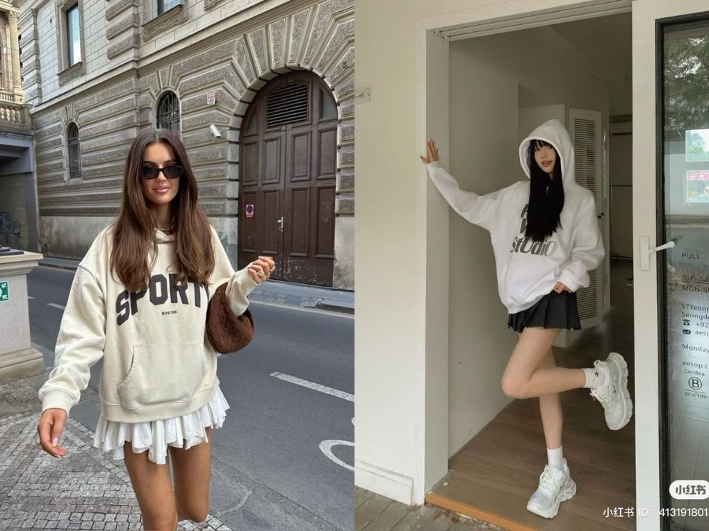 Hoodie oversize + chân váy ngắn