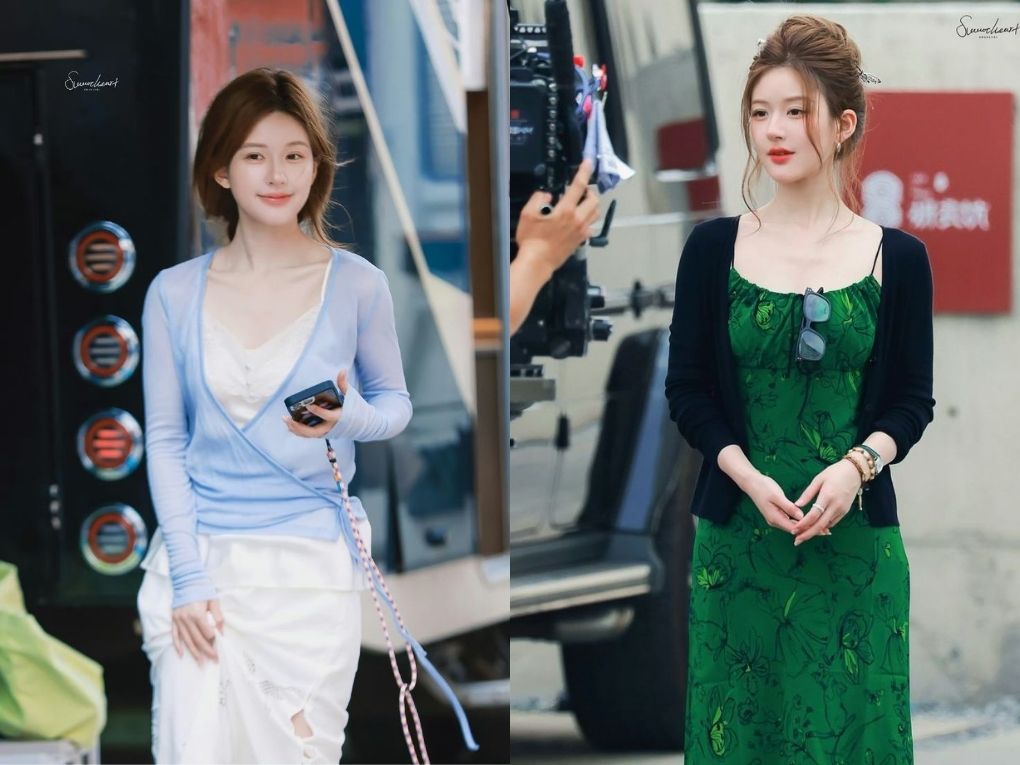 Đầm hai dây + áo khoác cardigan – nữ tính, dễ thương