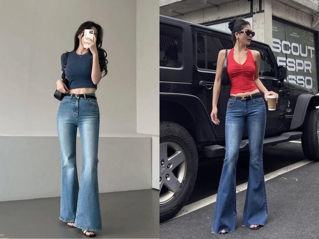 Quần jean ống loe + Áo croptop