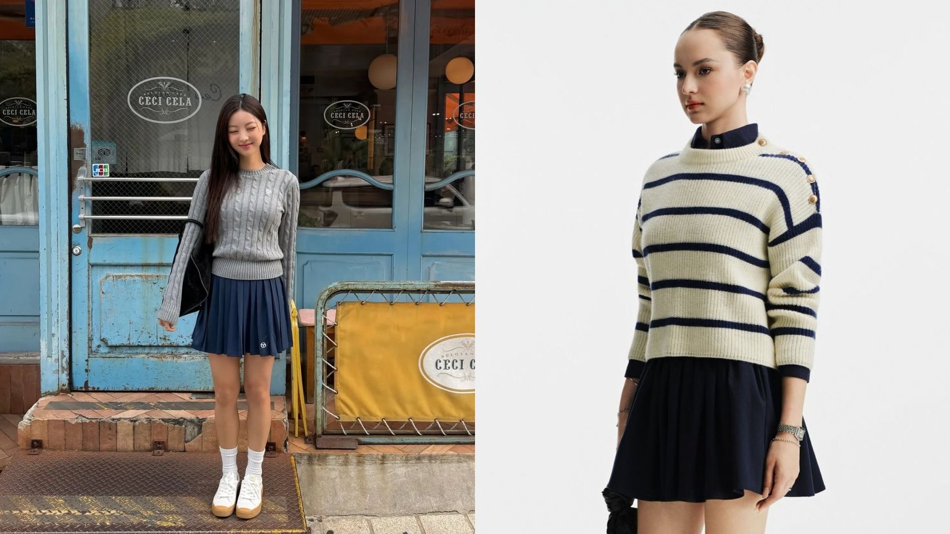 Áo len cổ tròn cùng chân váy tennis