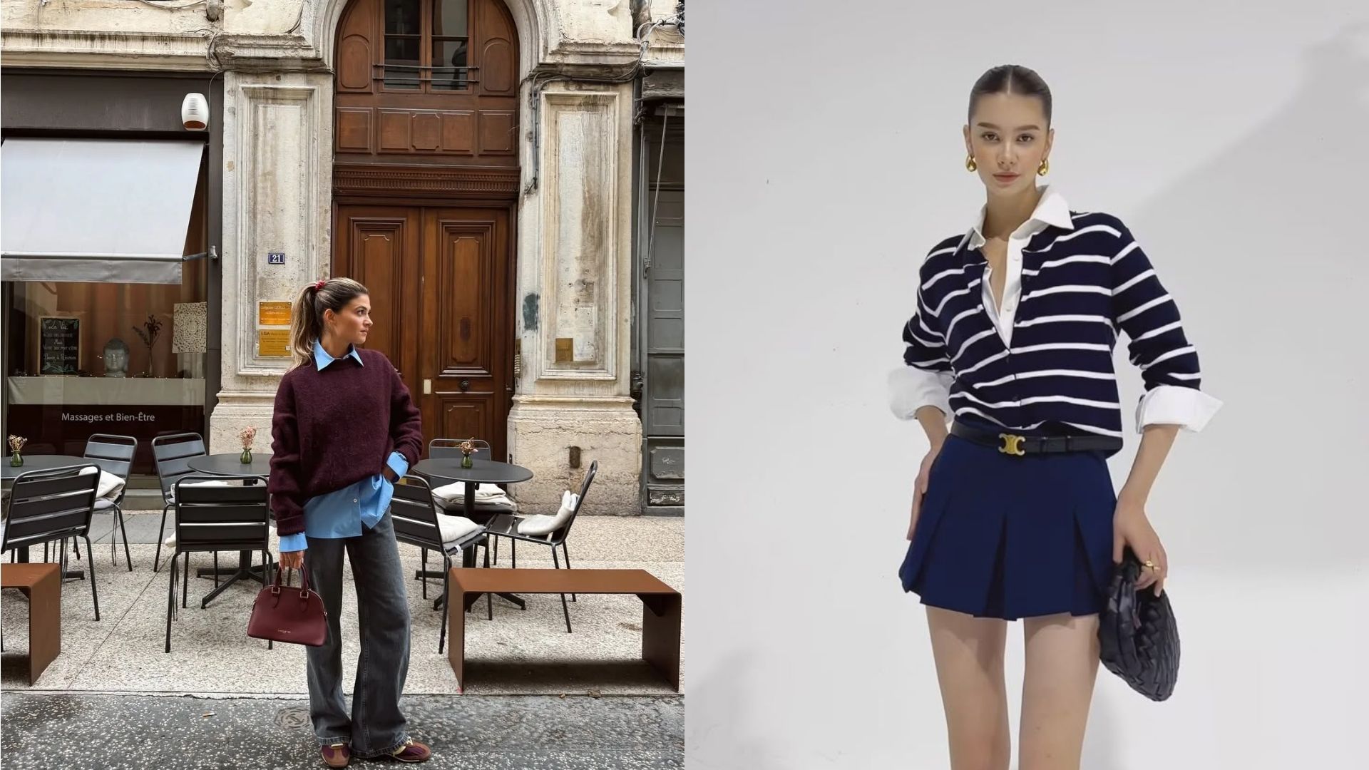 Layer áo len cổ tròn với sơ mi