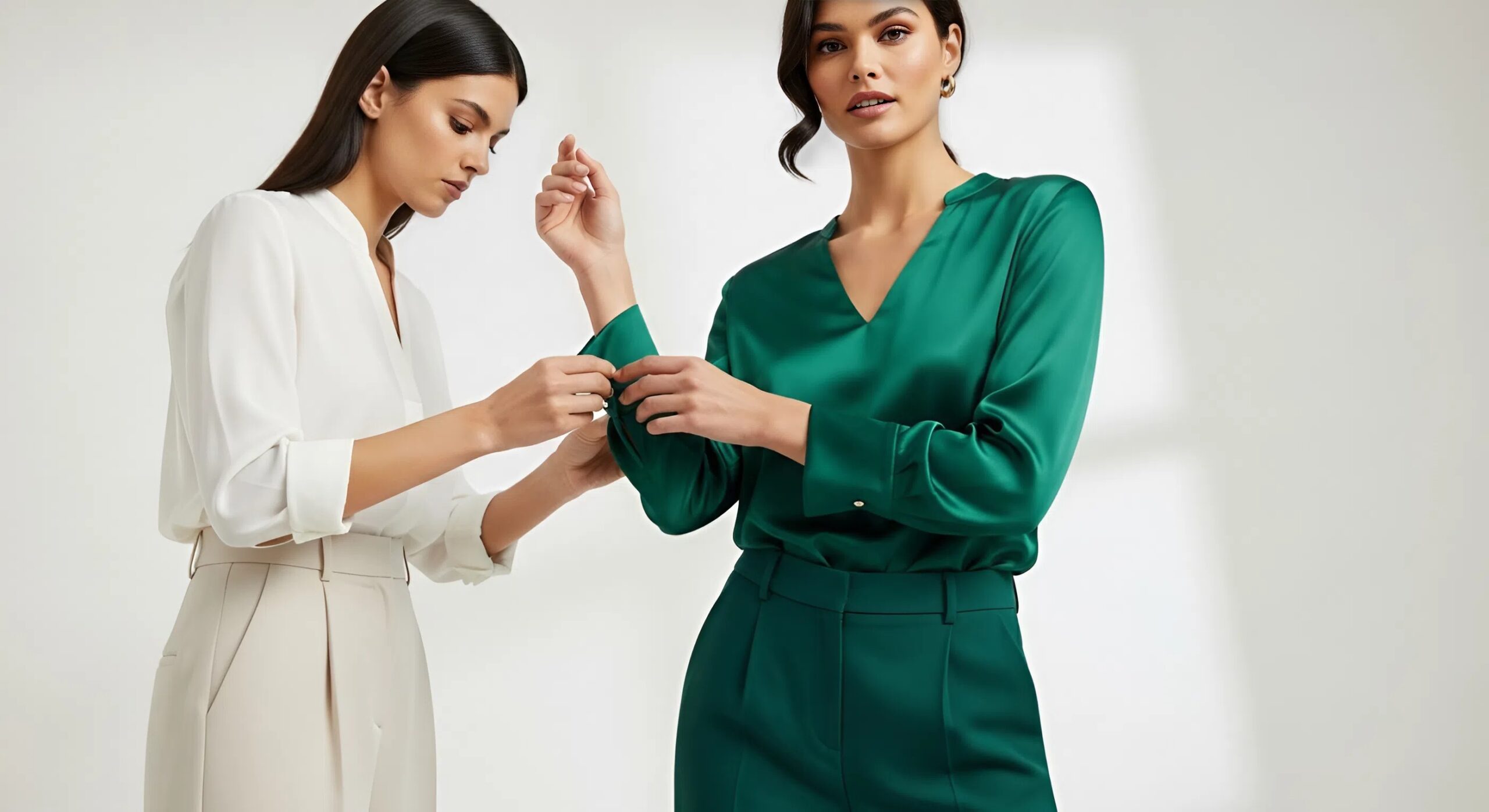 Áo lụa satin và quần tây ống đứng tone-sur-tone