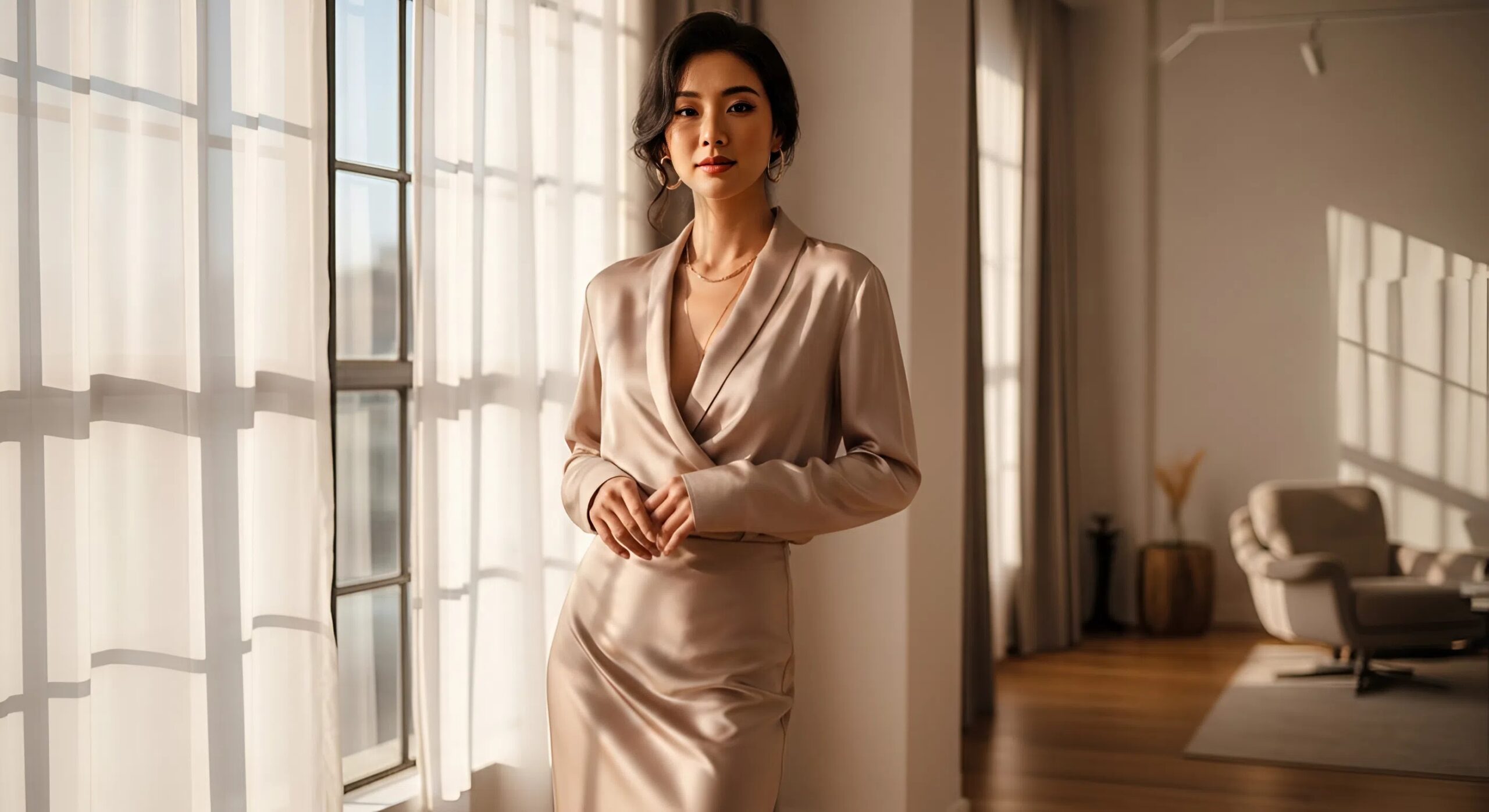 Sự kết hợp hoàn mỹ giữa áo lụa satin và ánh sáng tự nhiên, tôn vinh vẻ đẹp Quiet Luxury đầy tinh tế cho phái đẹp