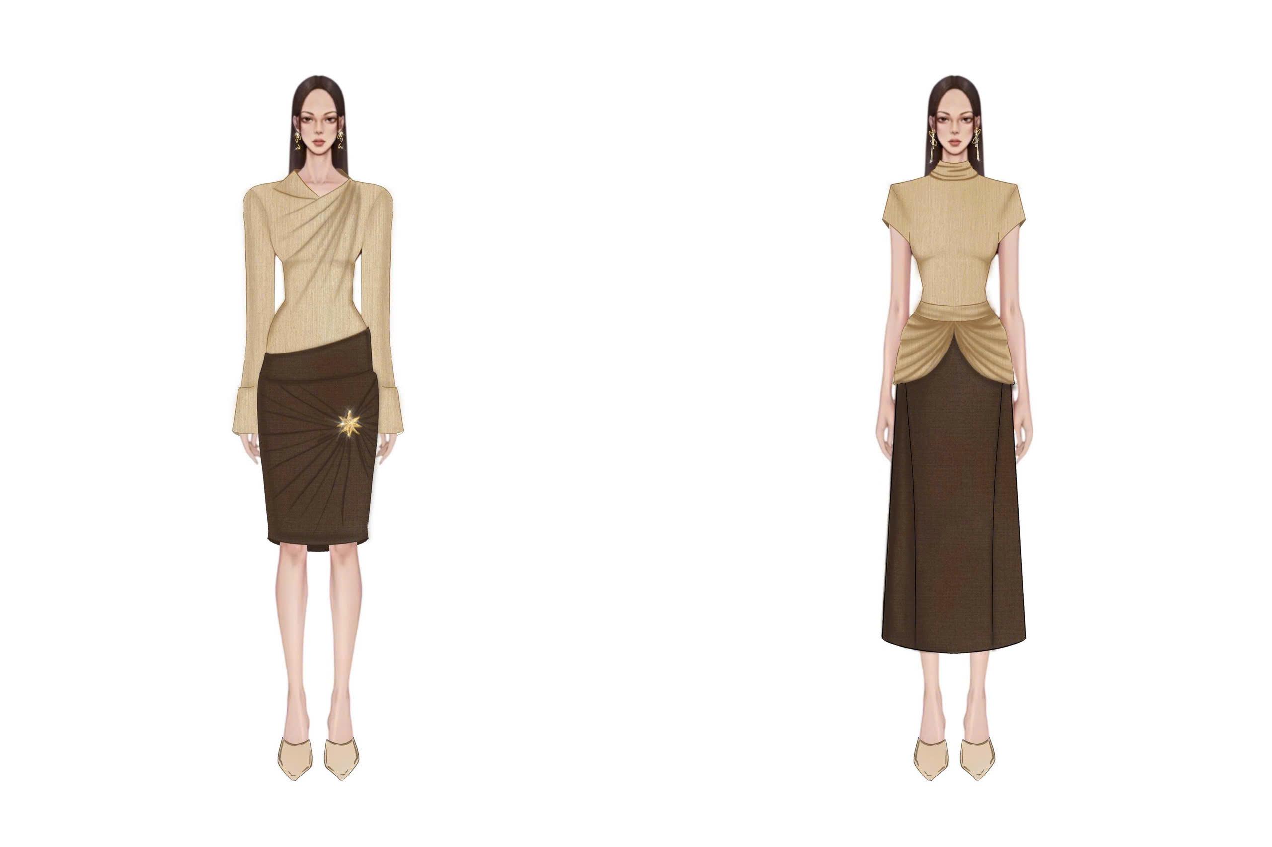 Mẫu áo kiểu xếp nhún tinh tế kết hợp chân váy midi thanh lịch, đài các của MGRACE.