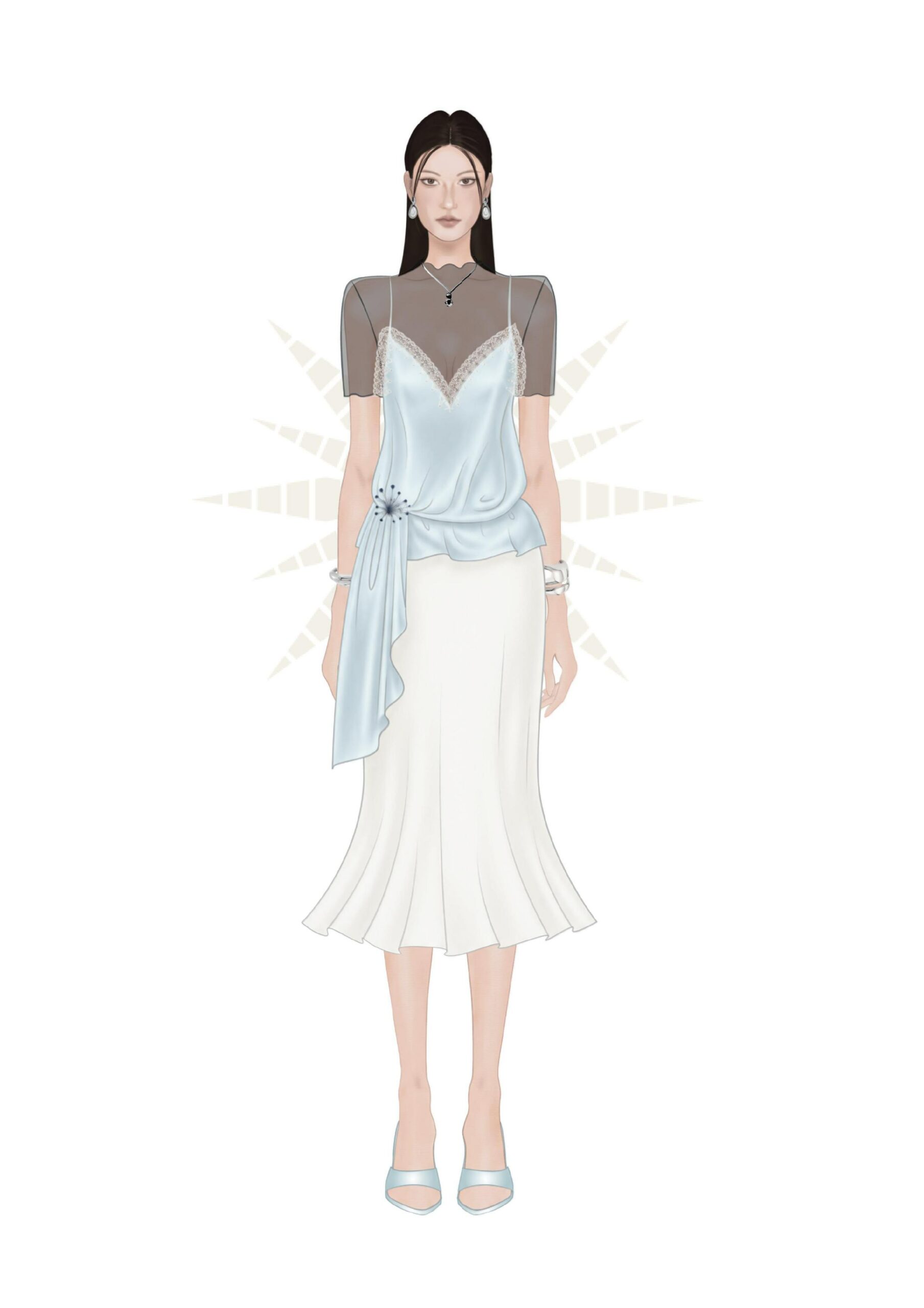 MGRACE thời trang nữ xu hướng áo satin xanh pastel phối chân váy midi trắng