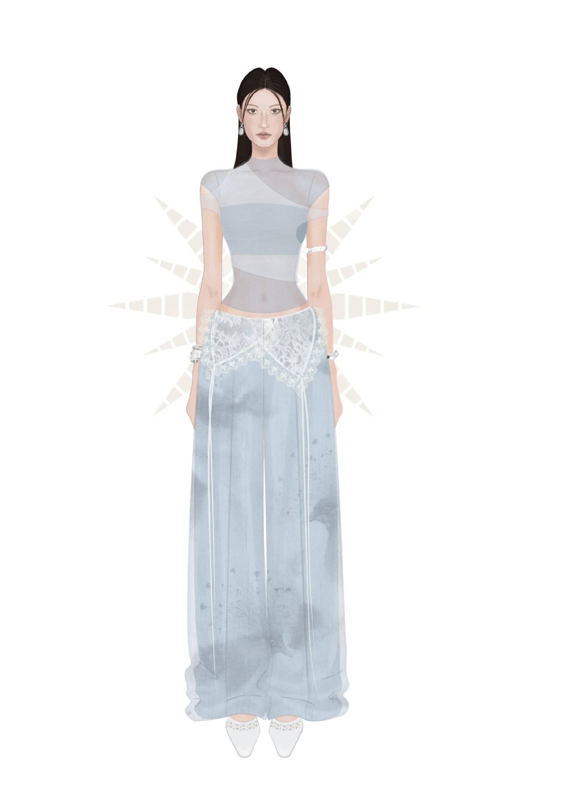MGRACE thời trang nữ xu hướng áo crop top phối quần ống rộng xanh pastel