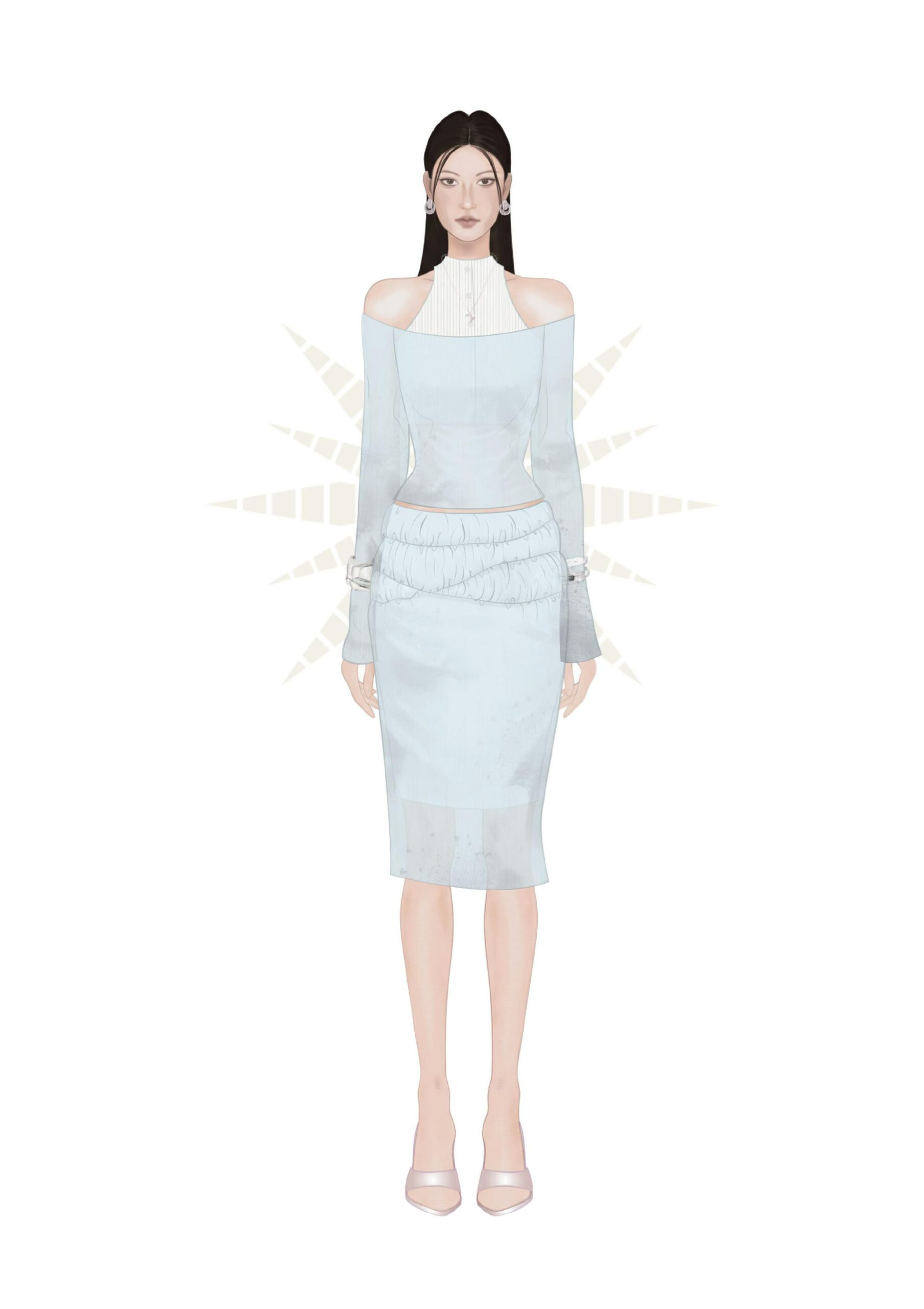 MGRACE thời trang nữ xu hướng áo trễ vai xanh pastel phối chân váy bút chì