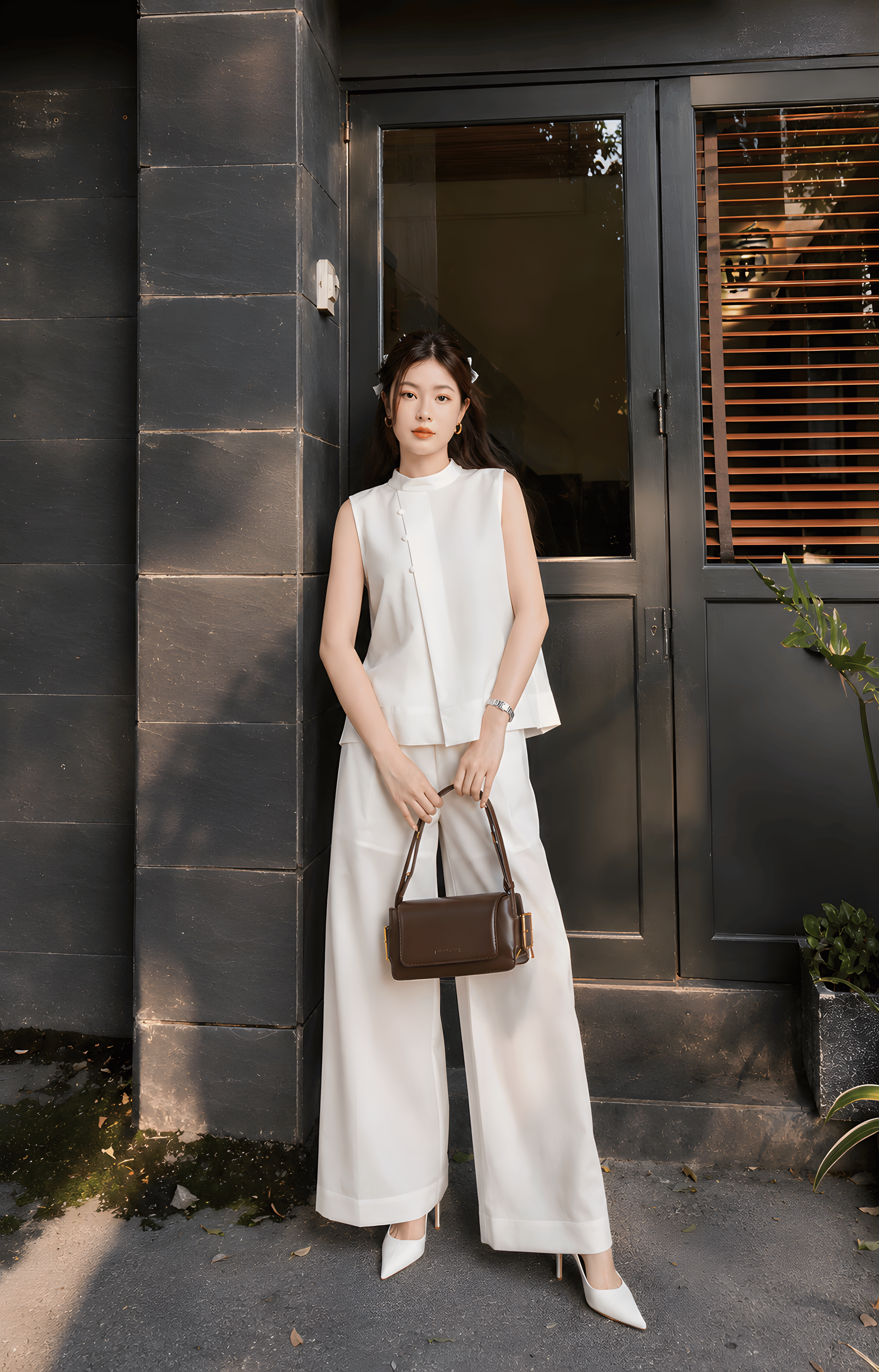 Set đồ MGRACE cực cuốn hút khi kết hợp cùng túi xách màu nâu và giày cao gót