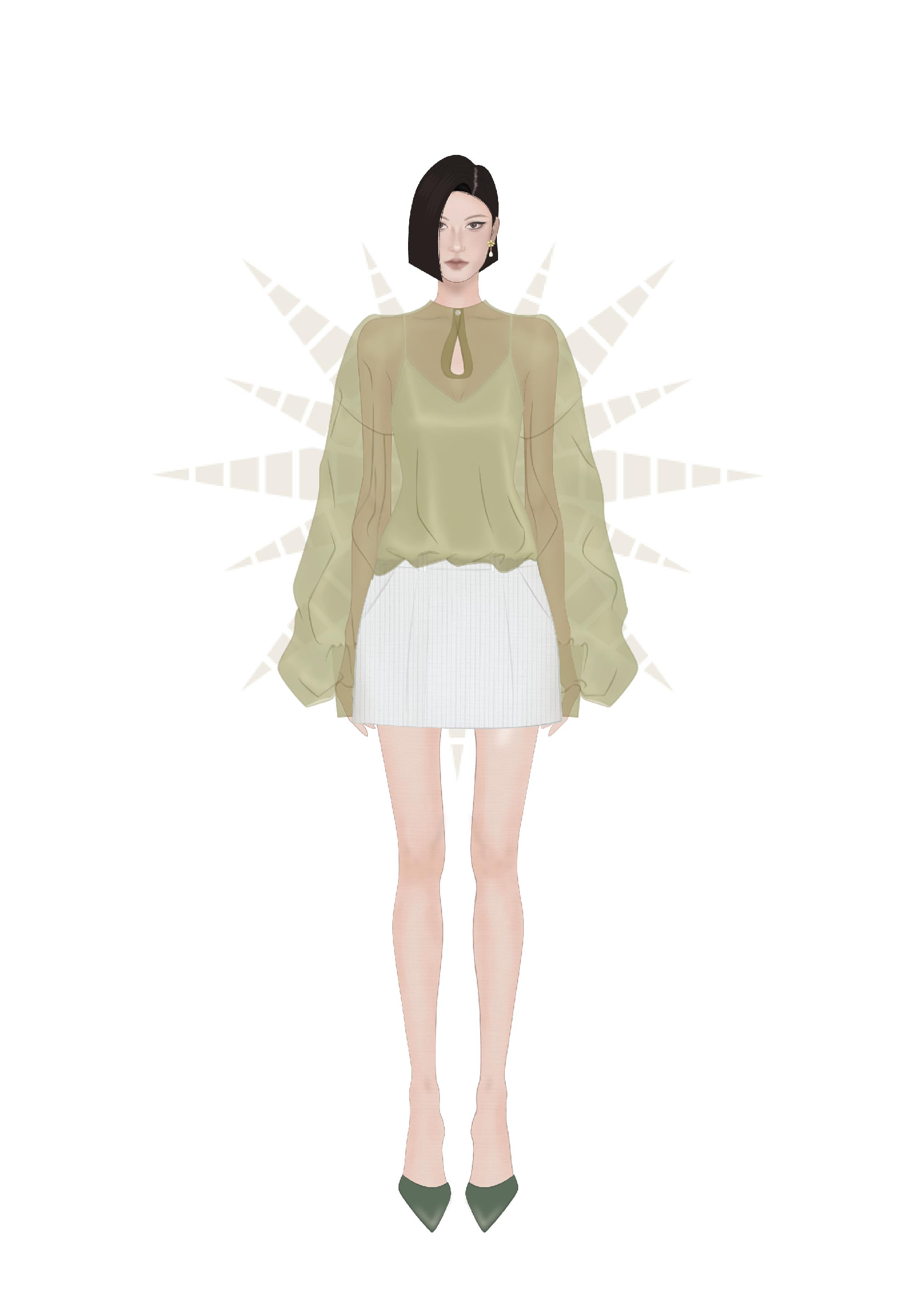 Silhouette bất đối xứng MGRACE với áo blouse xanh olive và chân váy trắng