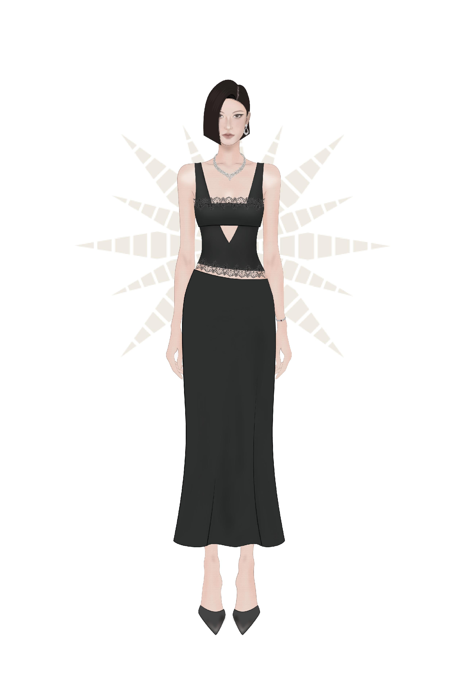 Đầm đen dáng dài MGRACE phối ren cut-out quyến rũ