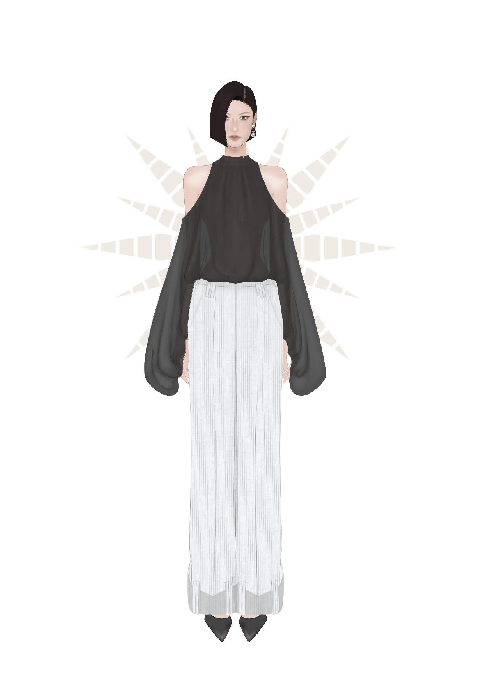 MGRACE outfit nữ áo đen phối quần trắng