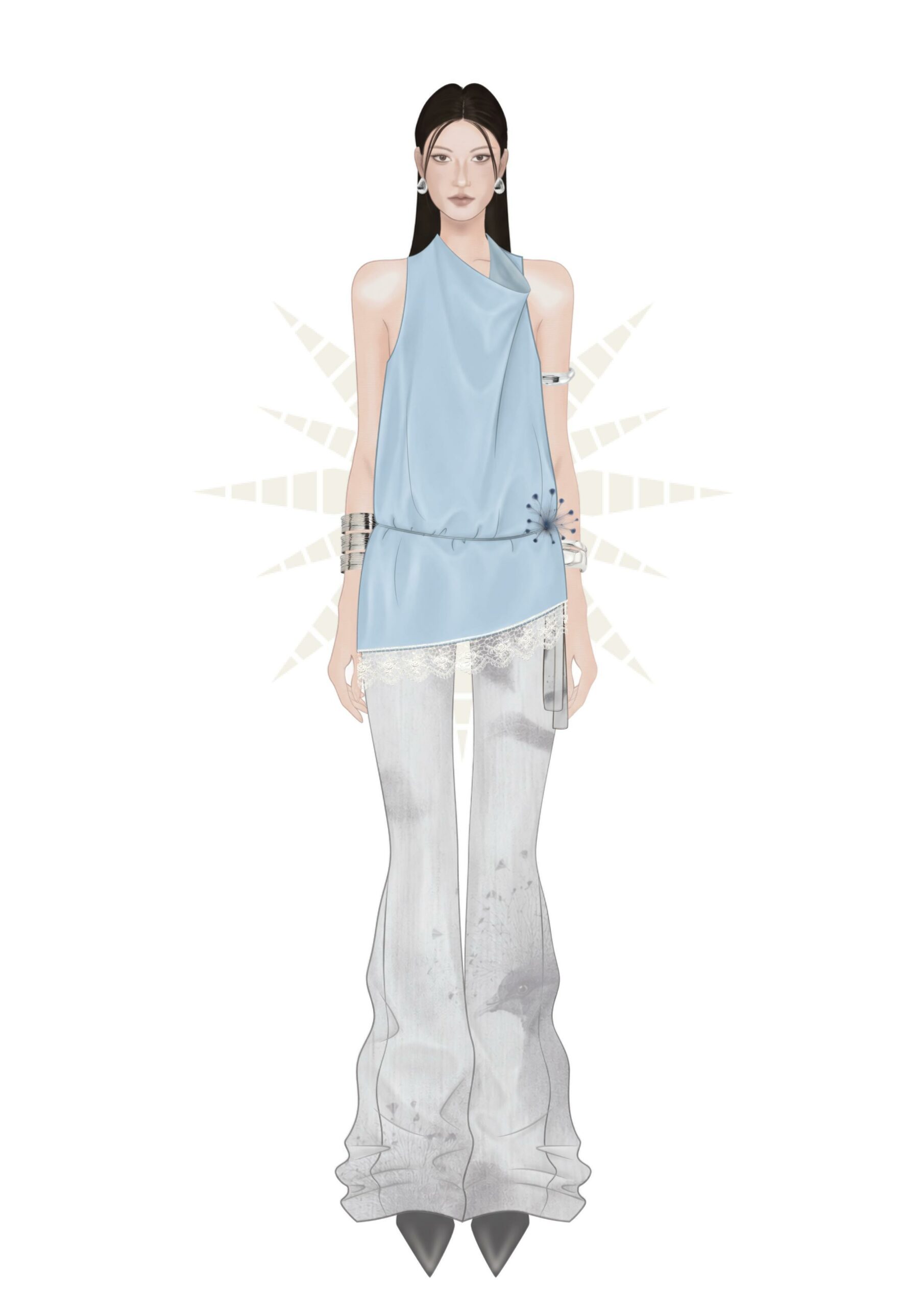 Mẫu thiết kế thời trang nữ MGRACE xanh pastel lệch vai phối quần ống loe trắng.
