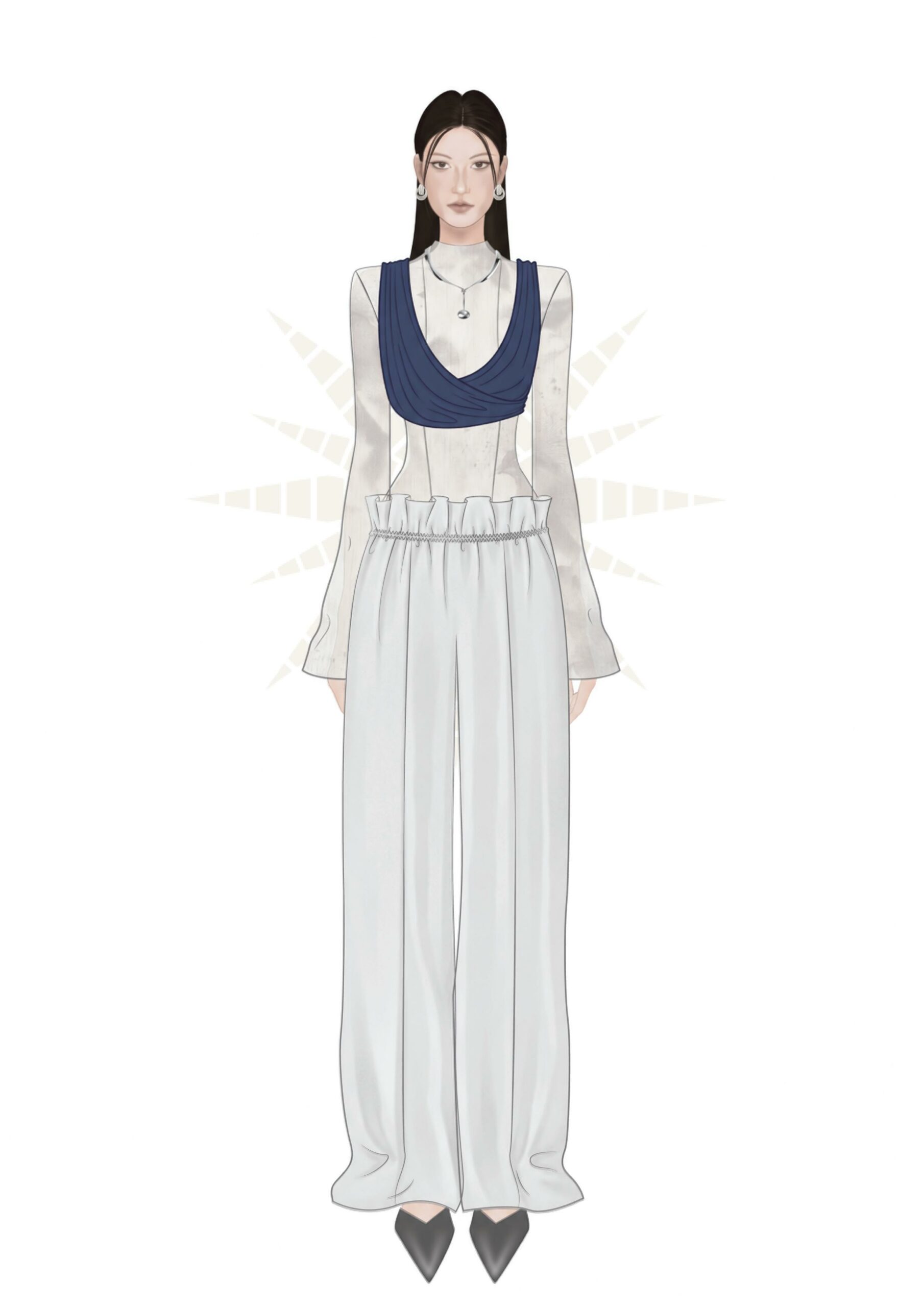 Mẫu thiết kế thời trang nữ MGRACE trắng xanh navy với áo draping thanh lịch.
