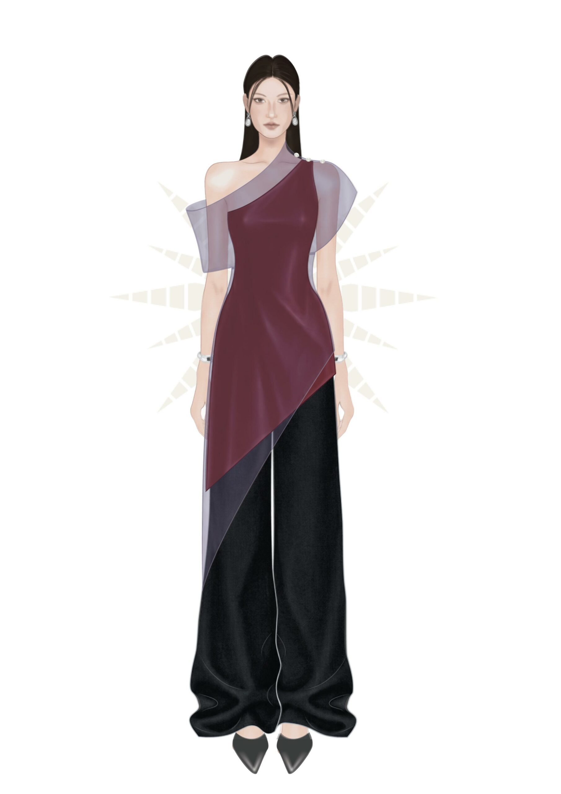 Thiết kế thời trang nữ MGRACE burgundy lệch vai phối quần đen ống rộng.