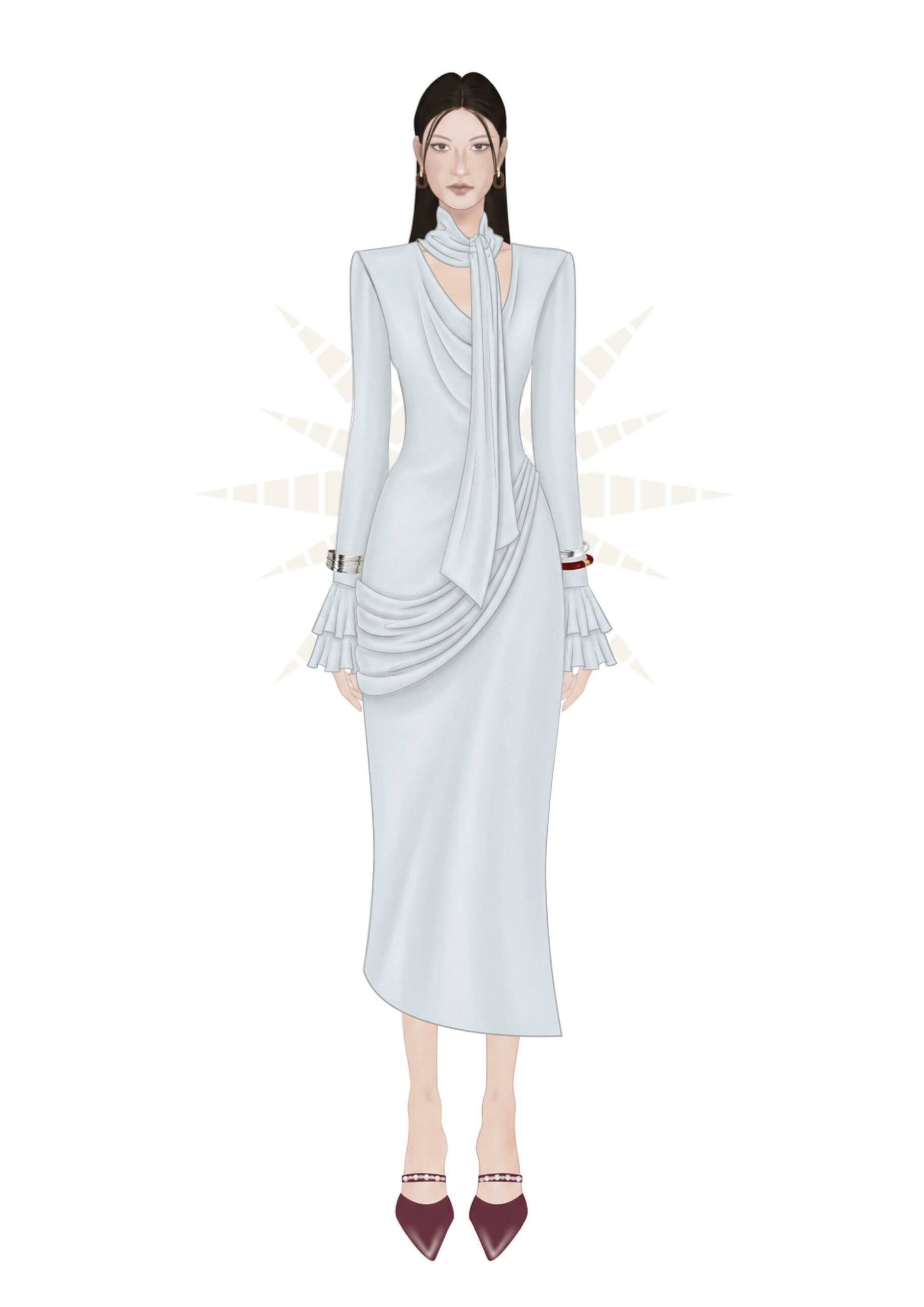 MGRACE đầm trắng nữ sang trọng thiết kế draping tinh tế