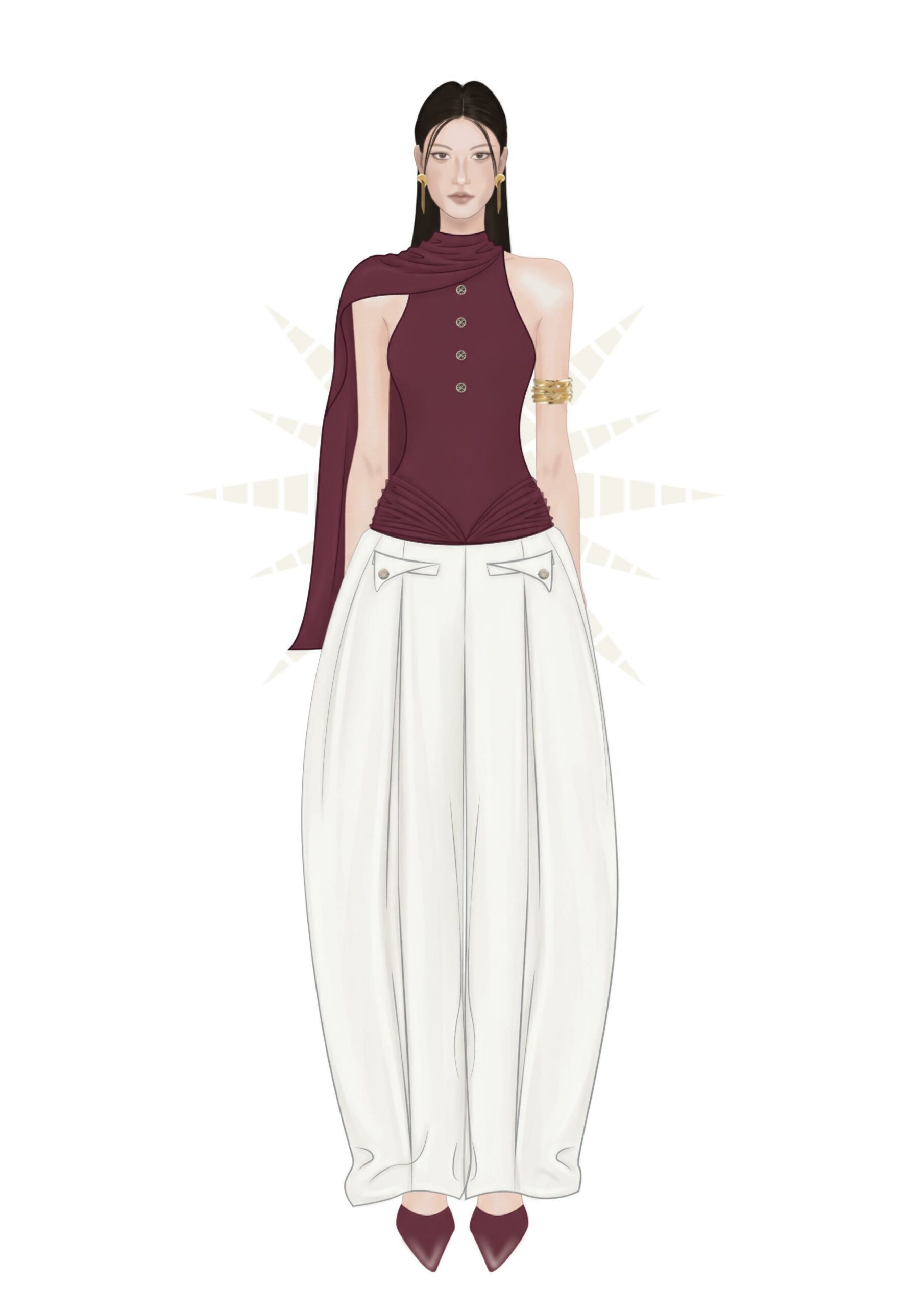 MGRACE outfit nữ sang trọng với áo burgundy và quần trắng ống rộng