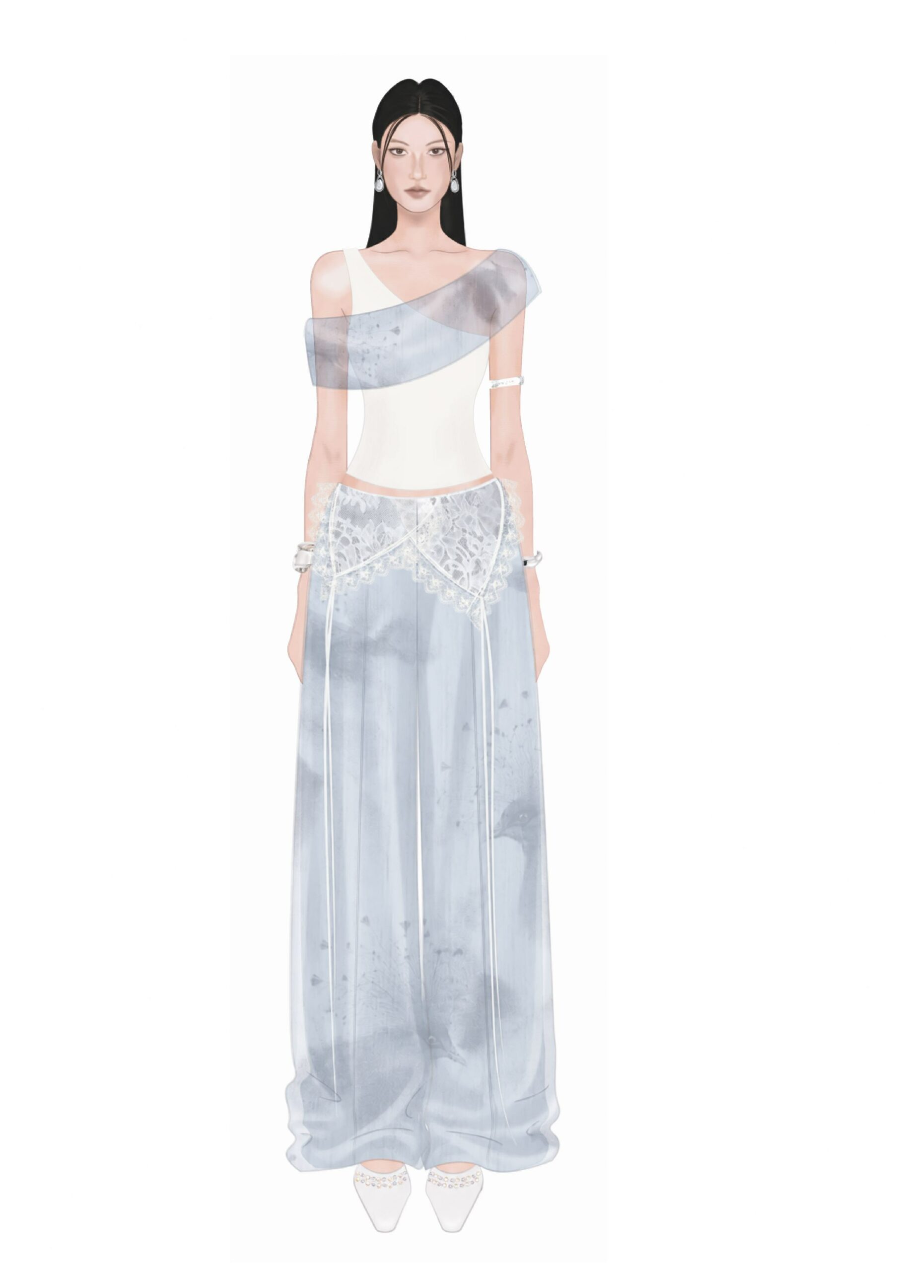 MGRACE outfit nữ sang trọng áo lệch vai phối quần ống rộng xanh pastel