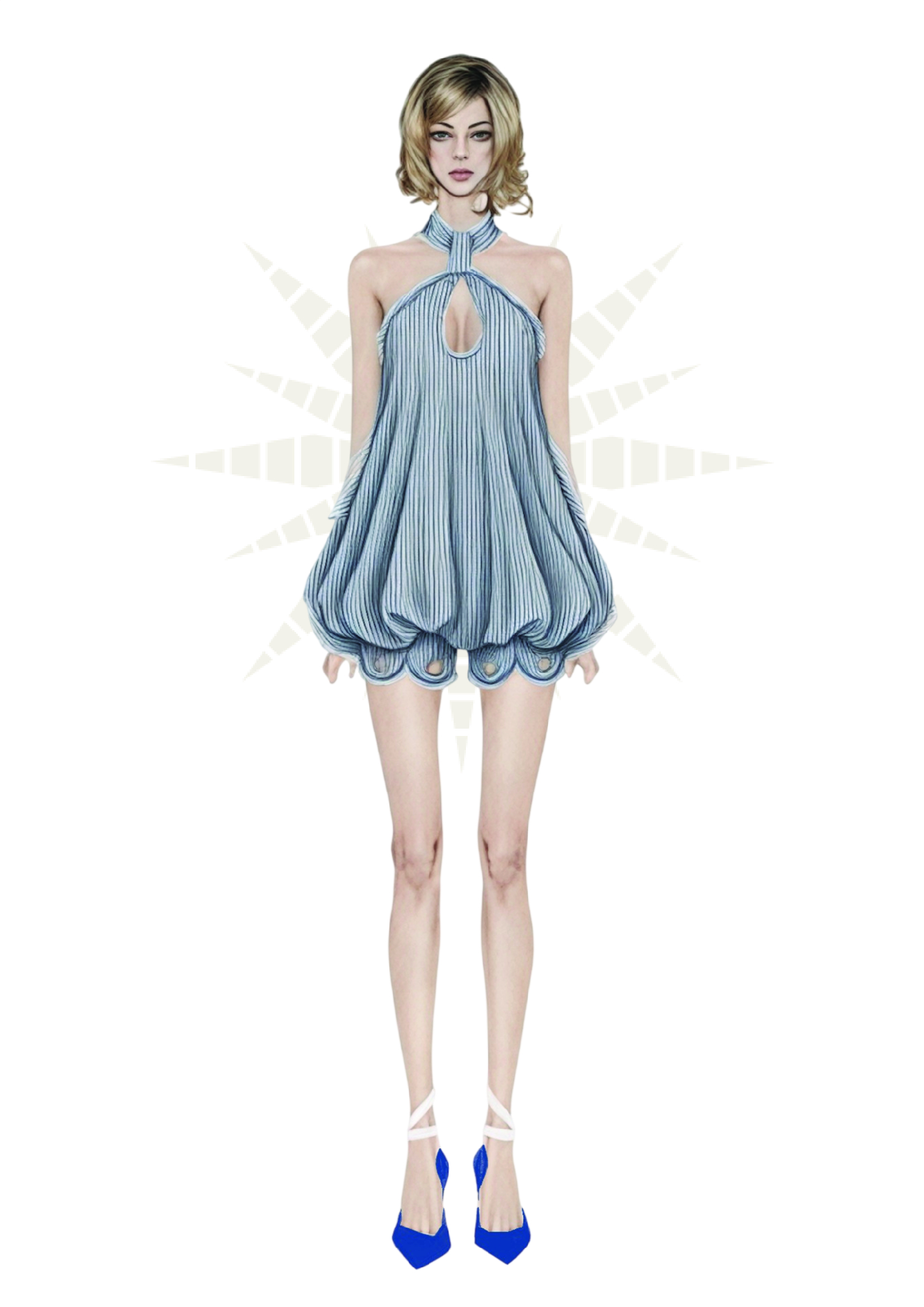 Đầm babydoll xanh kẻ sọc MGRACE thiết kế cổ yếm nữ tính