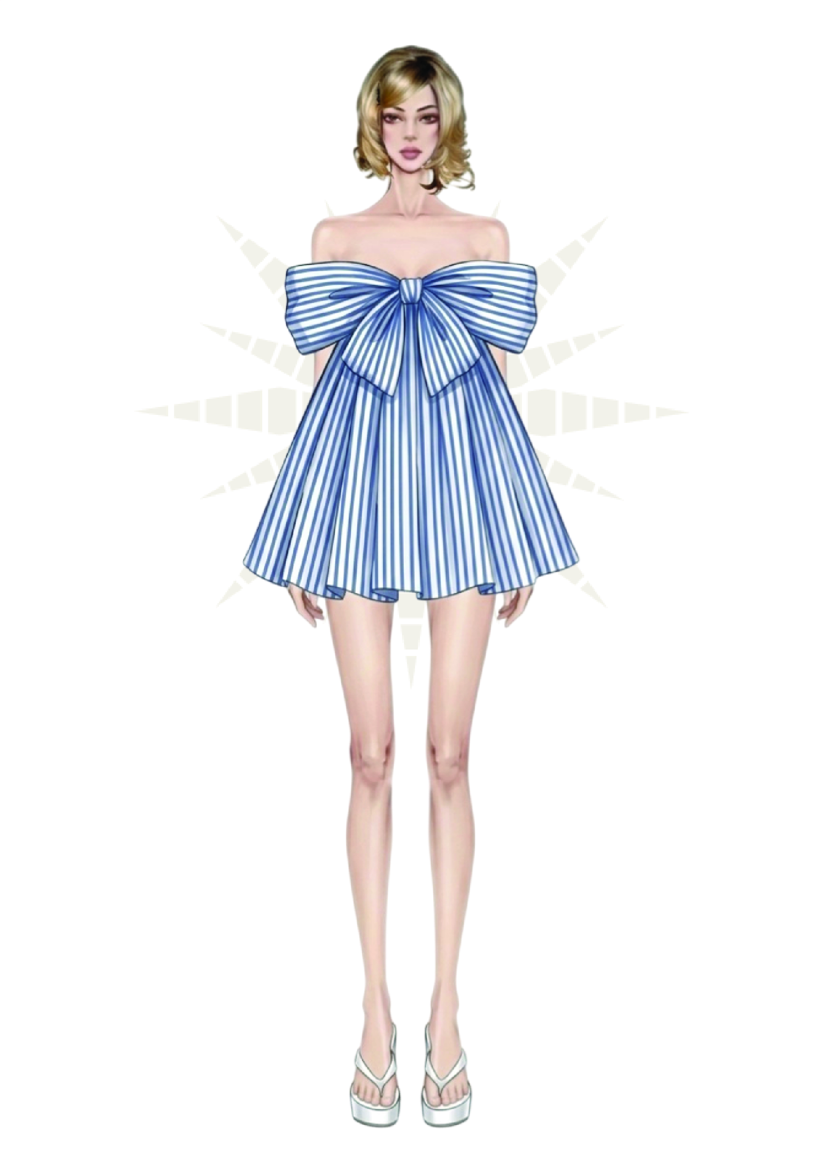 Thiết kế đầm babydoll trễ vai MGRACE nổi bật với nơ bản lớn và họa tiết kẻ sọc xanh trắng.