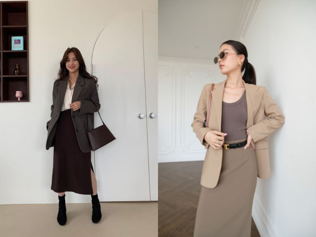 Thời trang nữ MGRACE gợi ý 2 cách phối áo blazer dáng rộng cùng chân váy dài xu hướng thu đông