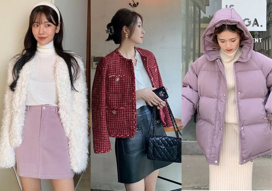Phối đồ mùa đông nữ với áo khoác lông xù áo dạ tweed và áo phao MGRACE