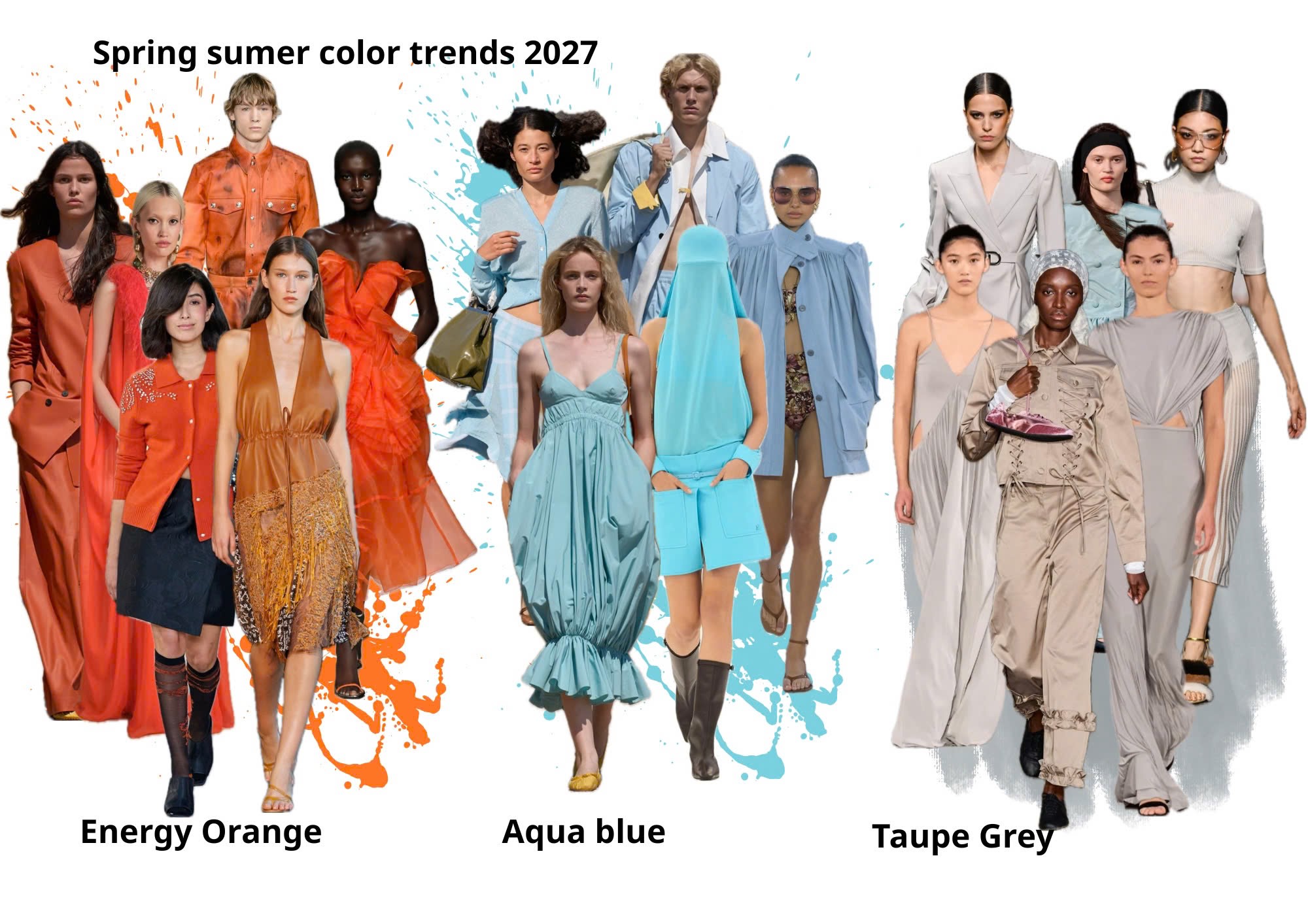 Xu hướng màu sắc Xuân Hè 2027 - Energy Orange, Aqua Blue và Taupe Grey – Nguồn cảm hứng cho các bộ sưu tập thời trang thiết kế MGRACE Việt Nam.