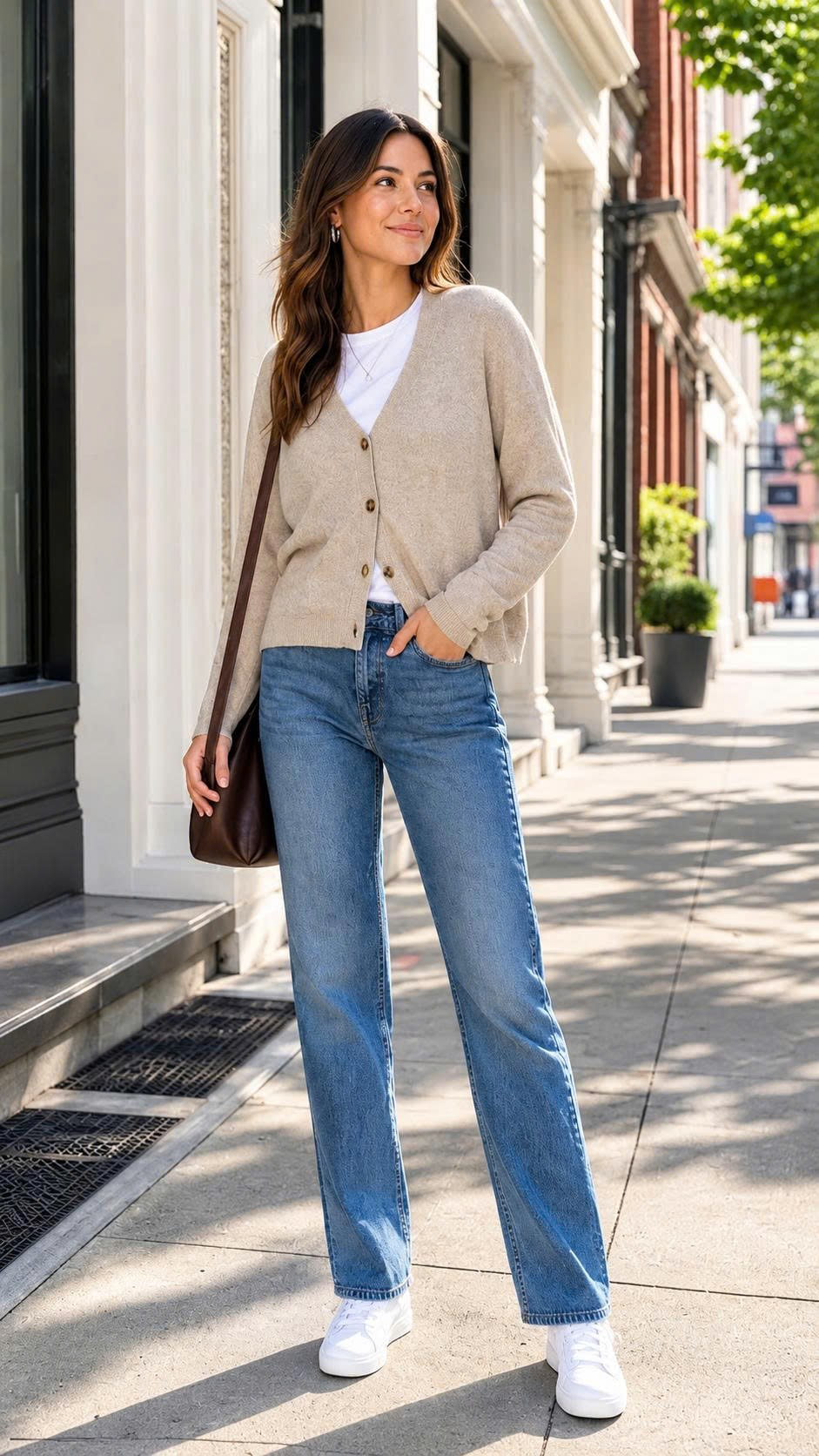  Cardigan Dáng Rộng Kết Hợp Quần Jeans Ống Đứng